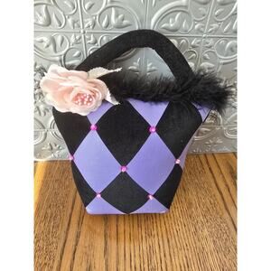 Black & Purple Velvet Pillow In Shape Of A Purse Pink Beads Silk Rose Feathers